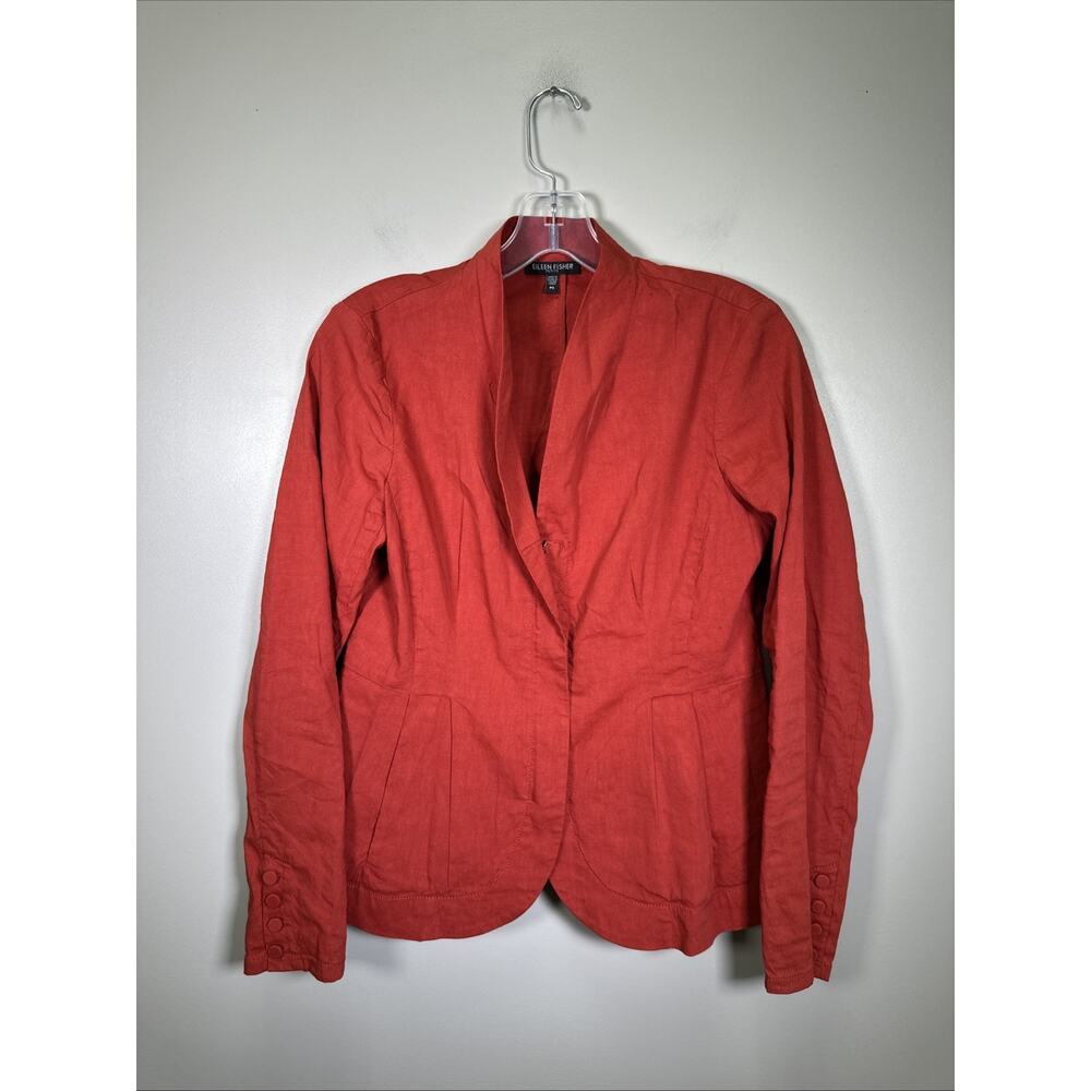 Eileen Fisher Linen Blend Jacket PS‎ Stretch Collar Zipper Burnt Orange Academia